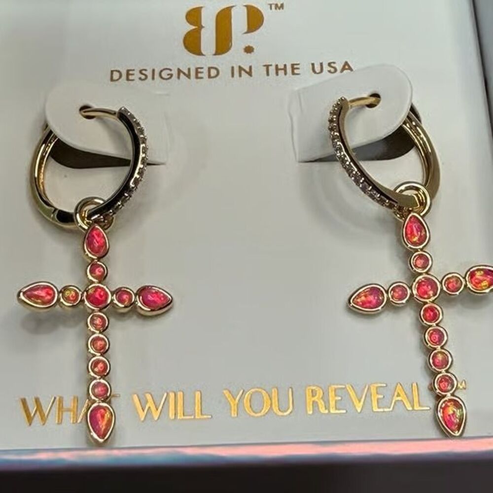 BP Oct NEW Pink on Gold CROSS Earrings